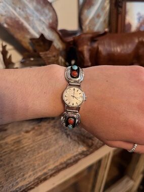 Genuine Navajo Turquoise & Coral Watch